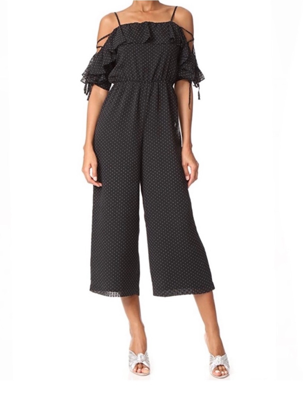 Club Monaco Kymbrah Jumpsuit Cropped Wide Leg black & white polkadot size 10